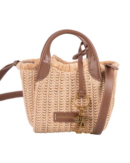 Shop EMPORIO ARMANI  Bag: Emporio Armani woven straw handbag with logo charm.
Dimensions: 15.5 x 15 x 10 cm.
Woven straw.
Made in China.
Double handle.
Metal logo charm.
Logoed patch.
Adjustable shoulder strap.
Composition: 85% Polyethylene, 15% Polypropylene.. Y3D278 YWQ5D-80016